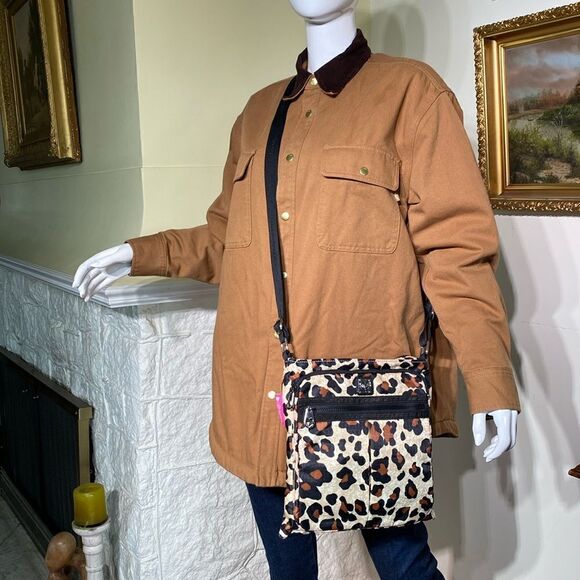 Brighton Nylon Tan Cheetah Leopard Print Large Multi Pocket Crossbody Purse Bag - Picture 11 of 11